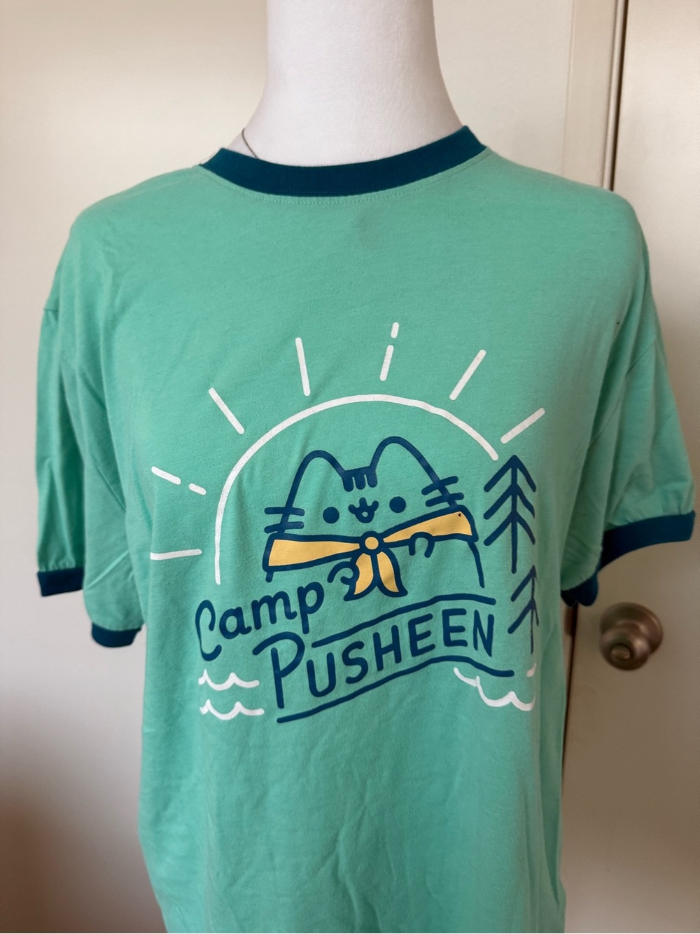 Pusheen Mint Green Camp Graphic Tee with Navy Trim